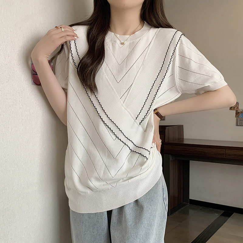 新品夏季宽松遮肉显瘦拼接冰丝短袖t恤女上衣大码胖mm洋气减龄打