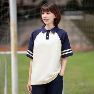 高货班服初中生夏季 韩版 学院风拼接polo衫 小学高中生毕业校服套装