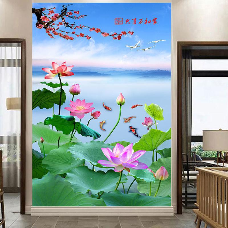荷花山水画九鱼梅花家和万事兴客厅玄关壁画走廊过道竖版装饰画图片