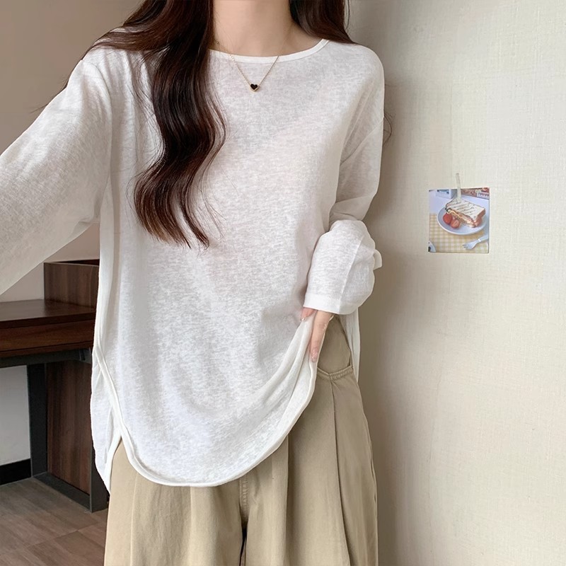 白色长袖防晒t恤女夏季2025新款慵懒风宽松圆领外搭薄款罩衫上衣