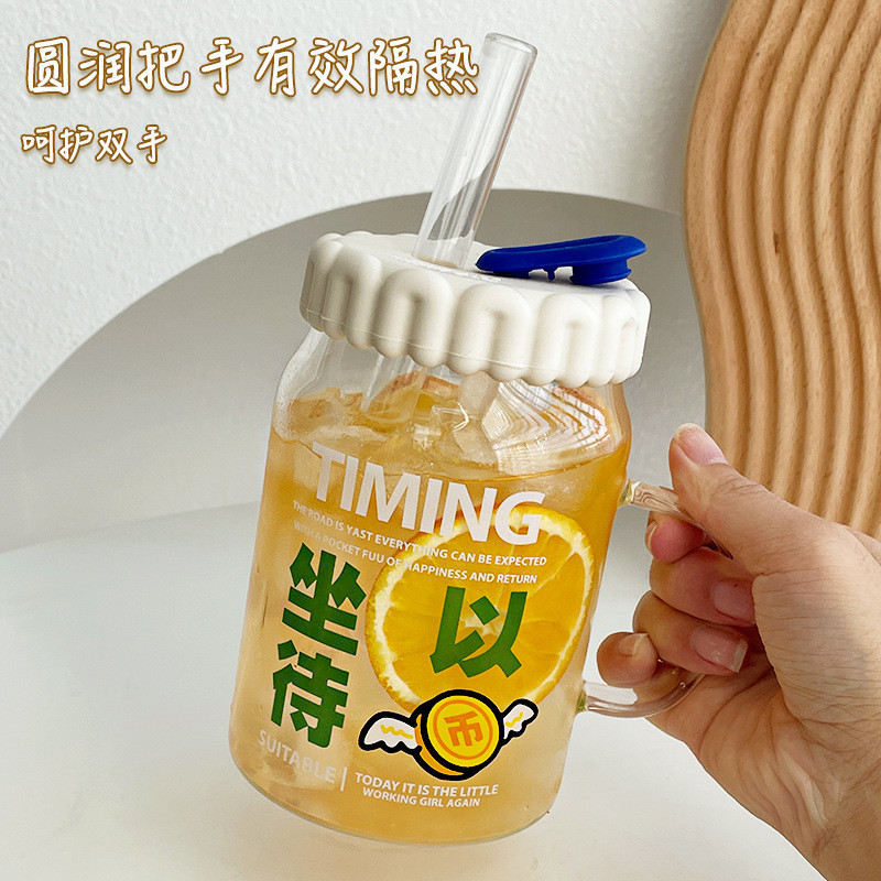 耐热玻璃杯女高颜值喝水杯便携带把手创意果汁杯大容量带盖吸管杯