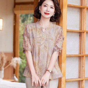 上衣两件 高货洋气妈妈夏装 棉麻小衫 短袖 T恤中老年女宽松纯棉衬衫