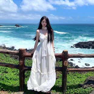 海边荷叶边吊带连衣裙海岛度假裙氛围感沙 速发多巴胺绝美小裙夏季