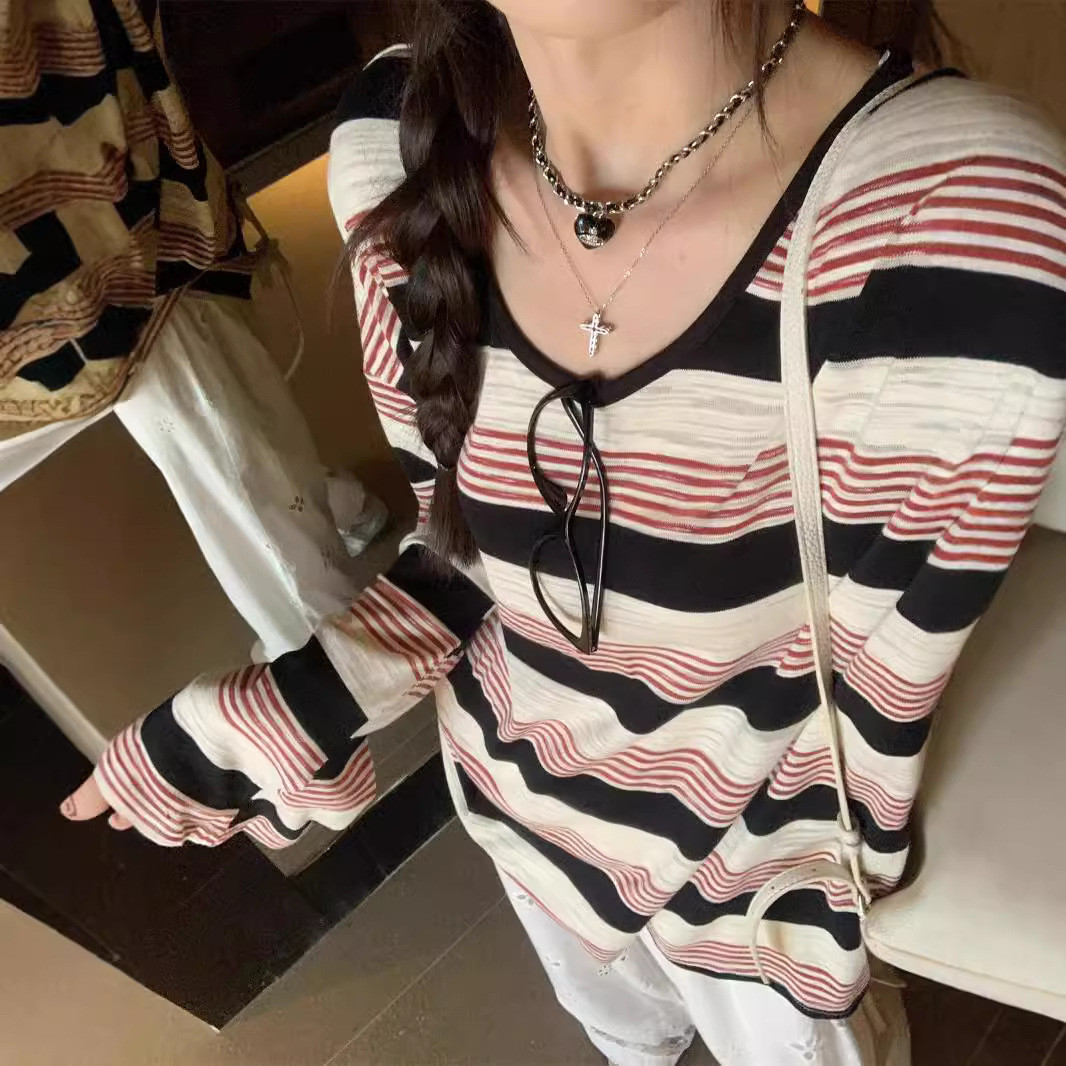 复古薄款慵懒风撞色条纹v领长袖t恤女装夏季新款宽松防晒罩衫上衣