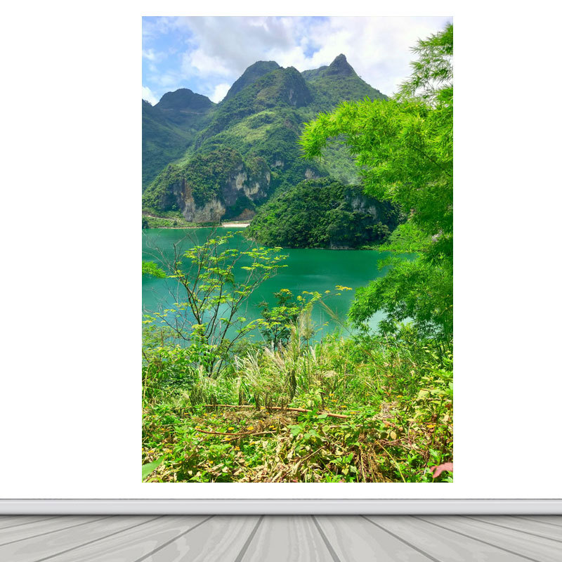 竖版富水长流青山绿水竹子高山湖水自然风景画客厅背景海报自粘画