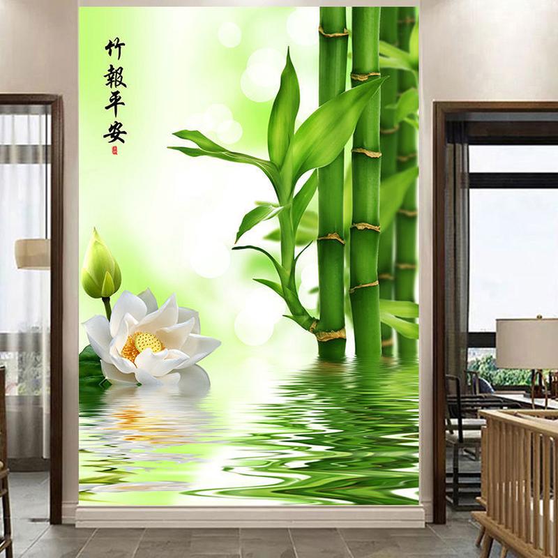 竹子荷花玄关墙贴壁画竹报平安莲花装饰画客厅进门走廊过道风水图片
