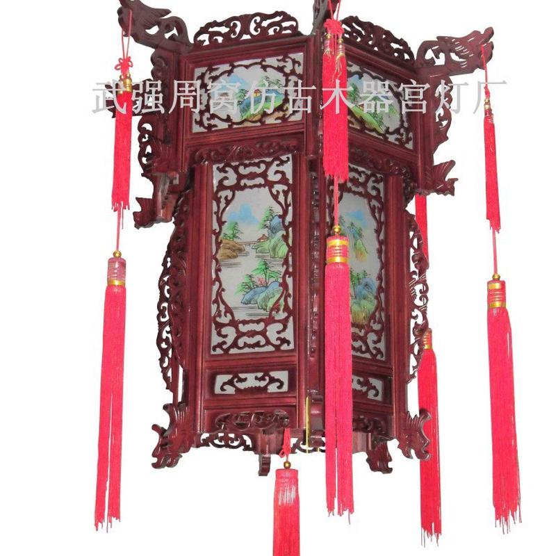 雕花宫灯实木宫灯仿古宫灯手工雕刻实木手绘画木制宫灯