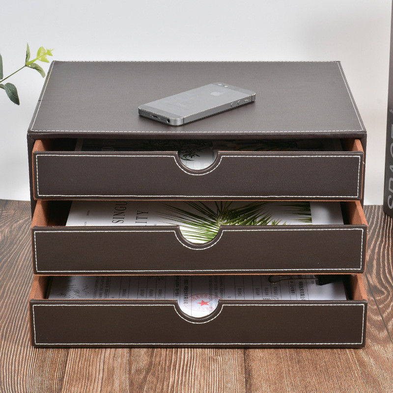 商务办公桌面抽屉收纳柜 创意办公桌皮质文件柜 带文件a4抽屉柜
