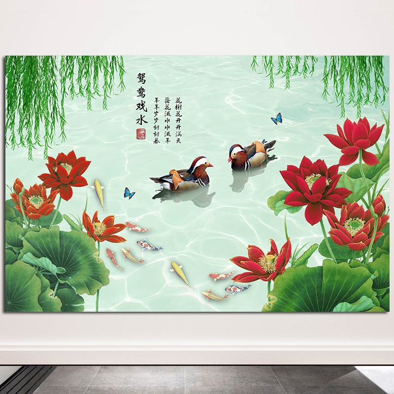 鸳鸯戏水墙贴画荷花自然风景卧室床头鸳鸯图玄关风水招财装饰挂画图片