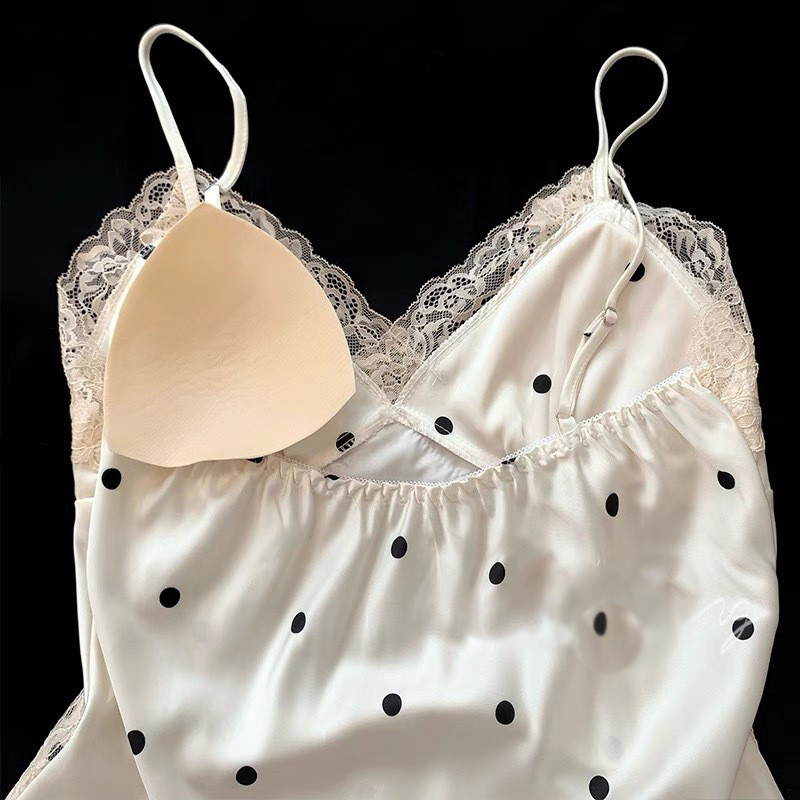 经典波点夏季蕾丝吊带背心短裤女式家居服冰丝睡衣性感花边带胸垫