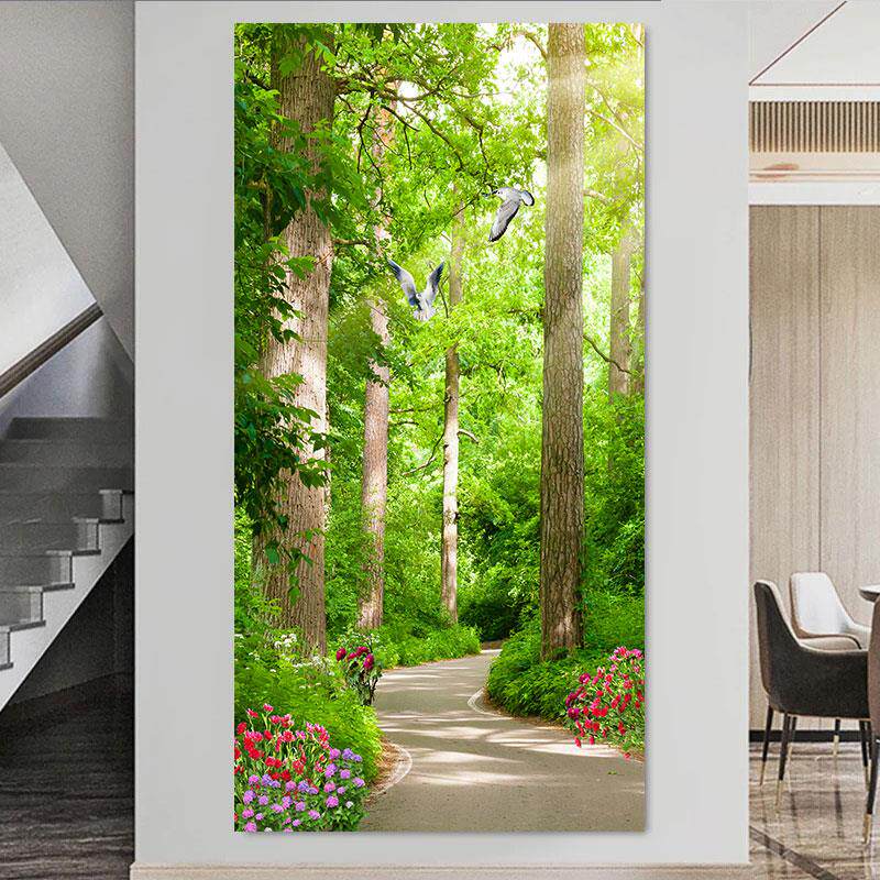 新中式入户自粘竖版玄关贴画墙贴山水画风景过道走廊窗户装饰壁画