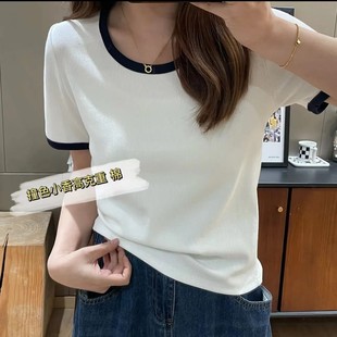 显瘦正肩别致上 新品 设计感u领撞色短袖 t恤女大码 胖mm微胖穿搭修身