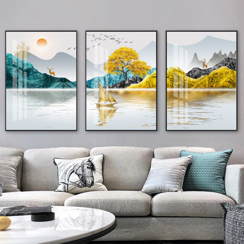 客厅装饰画沙发背景墙画后面的挂画现代简约北欧壁画免打孔三联画