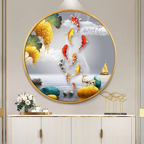 现代轻奢九鱼图装饰画家和圆形晶可遮丑客厅背景墙餐厅挂画瓷壁画