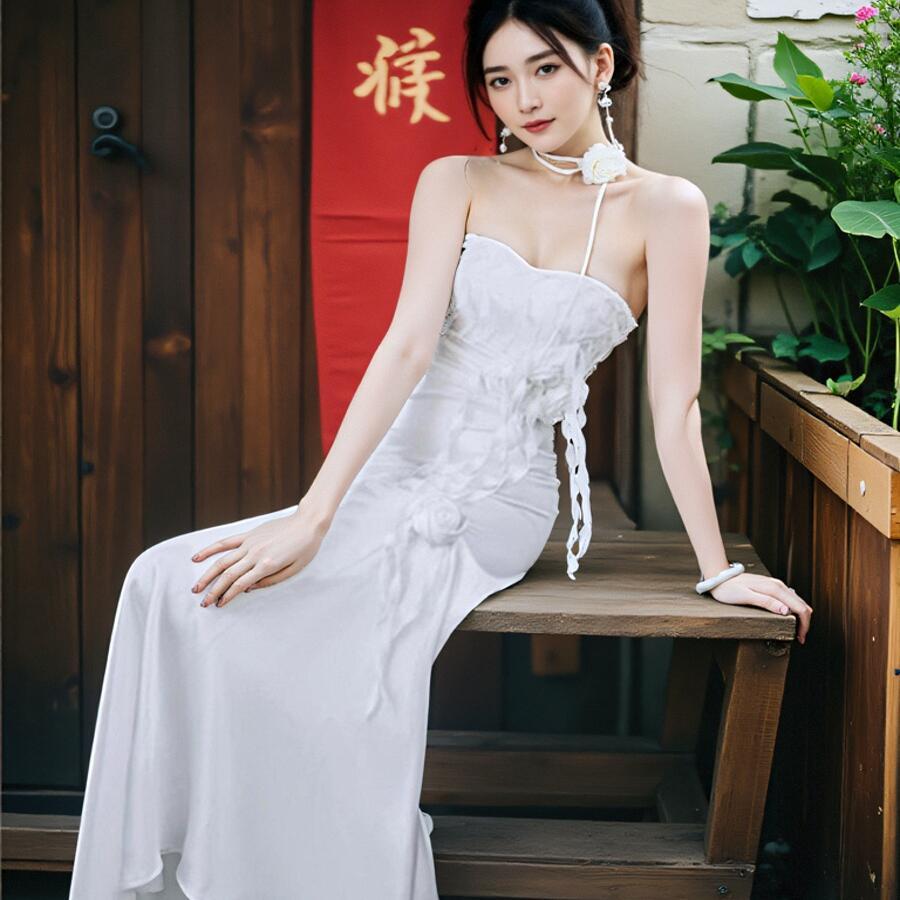 新品婚礼晨袍新娘订婚领证登记礼服长裙法式高级感小众抹胸白色连