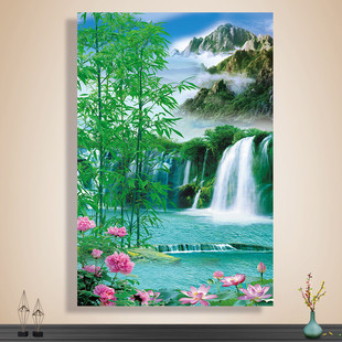 流水生财竖版风景画家用走廊卧室背景墙山水画竹报平安海报装饰画