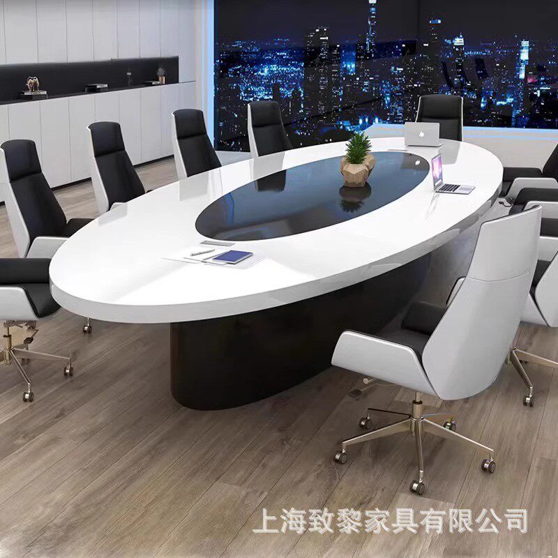 白色烤漆椭圆形会议桌长桌简约现代时尚洽谈桌大型会议室桌椅组合