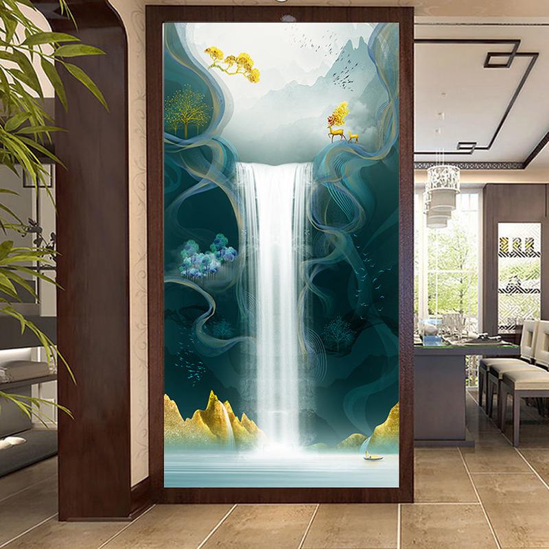 轻奢麋鹿入户玄关装饰画走廊过道壁画新中式流水生财墙贴画自粘画图片
