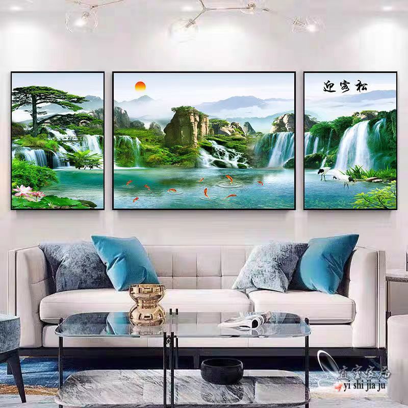 挂画轻奢新中式三联画背有金山现代简约沙发背景墙有框客厅装饰画