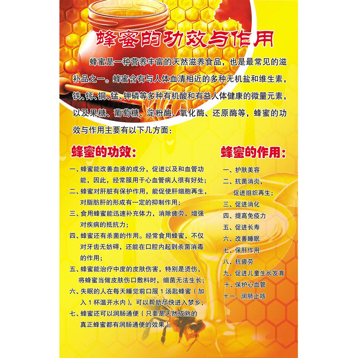 蜂蜜六6大功效食用方法常识宣传单墙贴展板喷绘海报印制