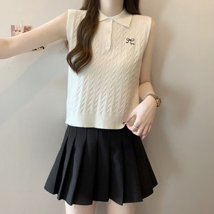 高货大码 百搭翻领polo 复古麻花针织无袖 背心上衣女夏胖妹妹POLO衫