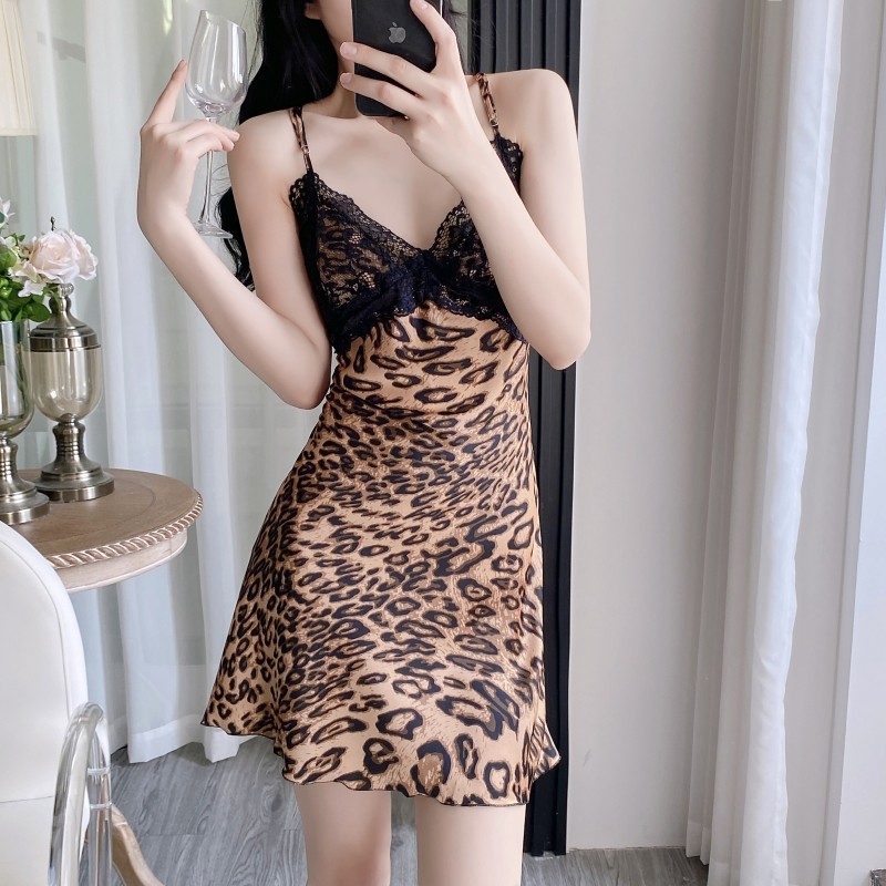 新品性感睡衣女夏季冰丝豹纹蕾丝吊带睡裙带胸垫露背高级感情调家