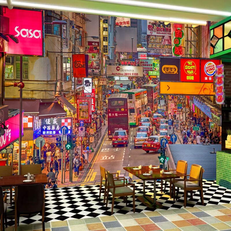 港式茶餐厅墙面装饰背景墙壁画香港街景墙纸奶茶店壁纸自粘贴纸