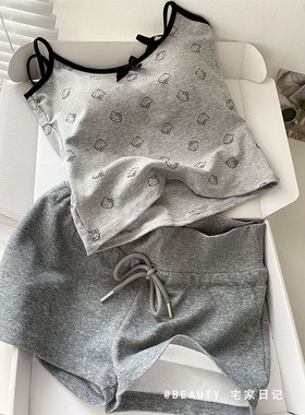 Hello Kitty可爱灰色吊带甜美睡衣女夏季2025新款短裤套装居家服