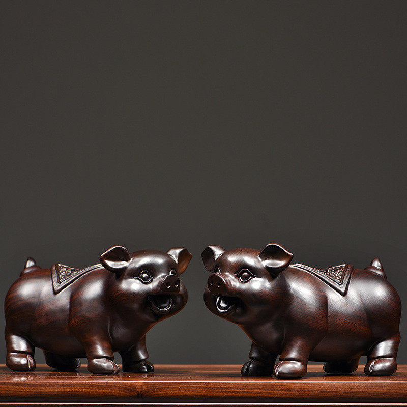 花梨家居装饰对猪摆件实木十二生肖猪动物客厅木雕红木送礼工艺品