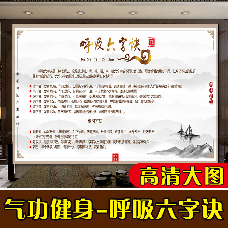 中医养生图片气功健身海报宣传挂图呼吸六字诀装饰画艾灸推拿拔罐