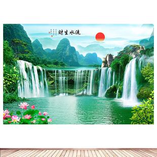 黄果树瀑布流水生财客厅背景装饰画招财聚宝盆风水墙贴壁画自粘画