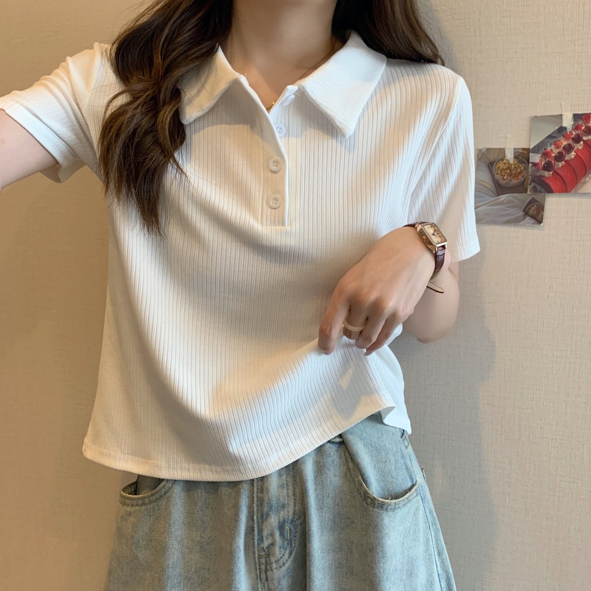 新品大码正肩polo领短袖t恤女2025新款夏季胖mm显瘦宽松遮肚短款