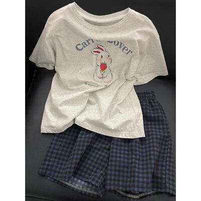 Sin Glee 可爱兔子短袖睡衣女夏天新款可出门休闲格子短裤家居服