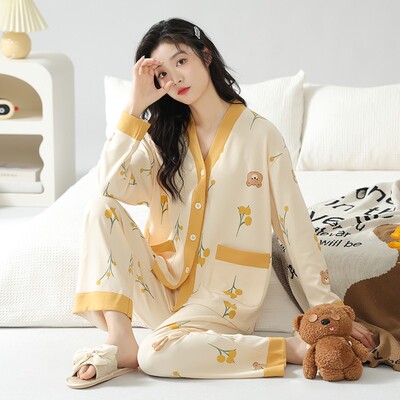 新品春秋季睡衣女纯棉自带胸垫一体和服韩版套装长袖开衫夏冬天家