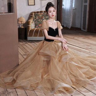 黑色晚禮服女2025新款 新品 氣質(zhì)名媛宴會(huì)禮服藝考畢業(yè)一字肩晚禮服