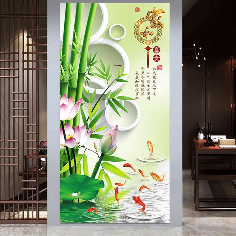 竹报平安风水装饰画 九鲤鱼荷花竹子图 家和富贵玄关自粘墙贴壁画图片