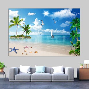 大海风景画椰子树一帆风顺帆船山水风景画财源滚滚墙贴壁挂画自粘