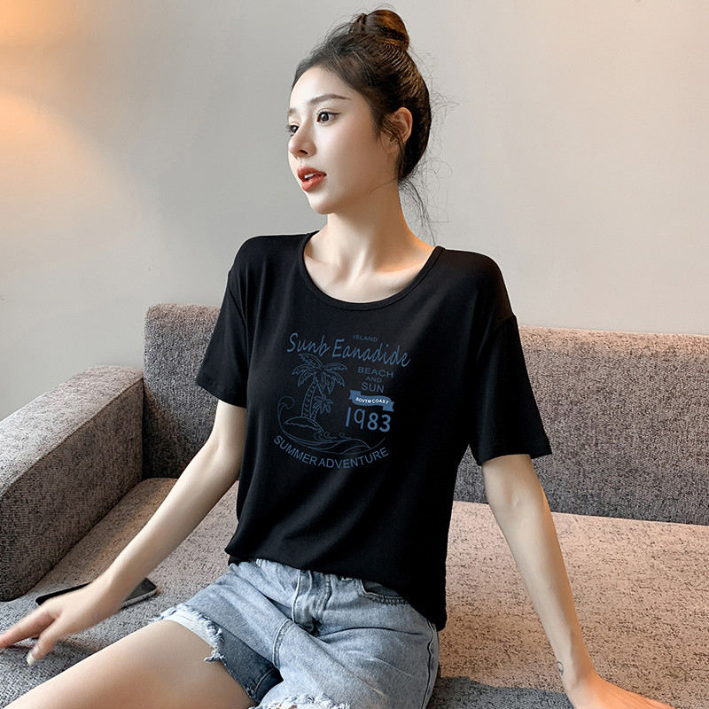 新品莫代尔t恤女黑色冰丝短袖2025新款圆领薄款面膜体恤印花宽松