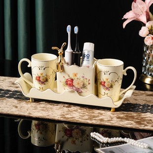 现货欧式 漱口杯 陶瓷創浴室家用骨瓷洗漱杯情侣3件套美式