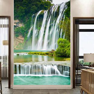 黄果树瀑布流水生财玄关装饰画客厅招财办公室走廊墙贴壁画竖版
