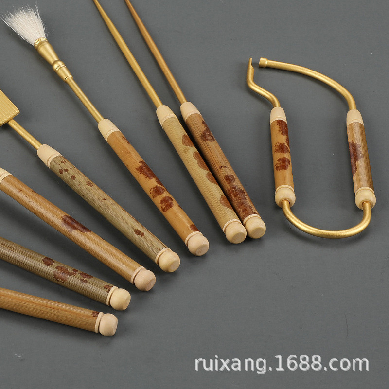 r706x湘妃竹子黄铜香道七件金/仿套装色香篆模香印工具器具香勺