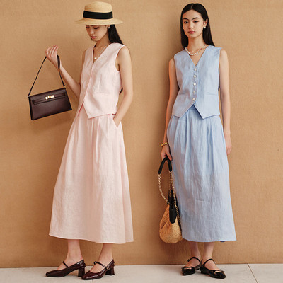 秘密盒子与海为邻 100亚麻知识分子风粉蓝色小马甲a字套装