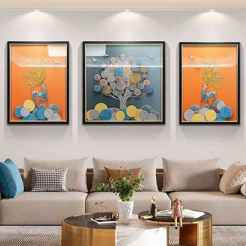 客厅装饰画现代简约高档沙发背景墙挂画轻奢手工立体实物三联画鹿
