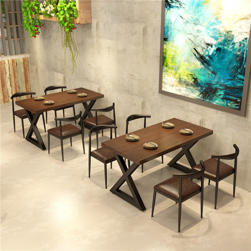饭店实木餐桌椅组合简约火锅烧烤店长条桌子餐饮铁艺长方形四方桌