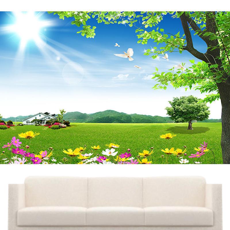 自然风景蓝天白云大树背景墙贴画客厅卧室壁画草地花草原装饰自粘图片