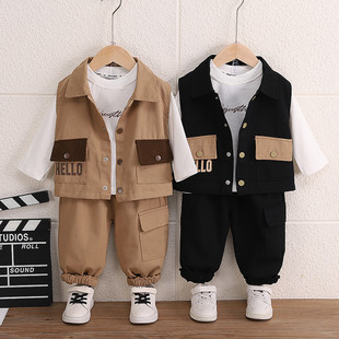 男童工装套装2025春秋新款洋气宝宝春秋季韩版儿童帅气马甲三件套
