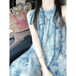 海边度假风蓝色蝴蝶少女感系带挂脖连衣裙女夏季 新品 小个子仙女长