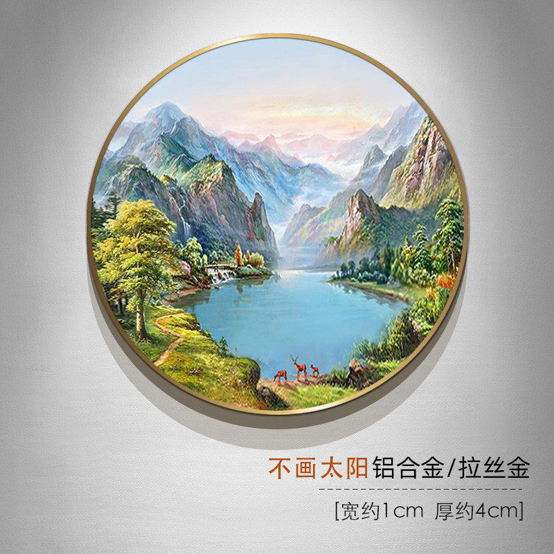手绘油画风景新中式玄关装饰画挂画欧式美式餐厅圆形山水画风景画