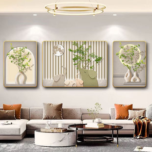 现代中式客厅装饰画高档大气沙发背景墙挂画吉祥如意挂画三联