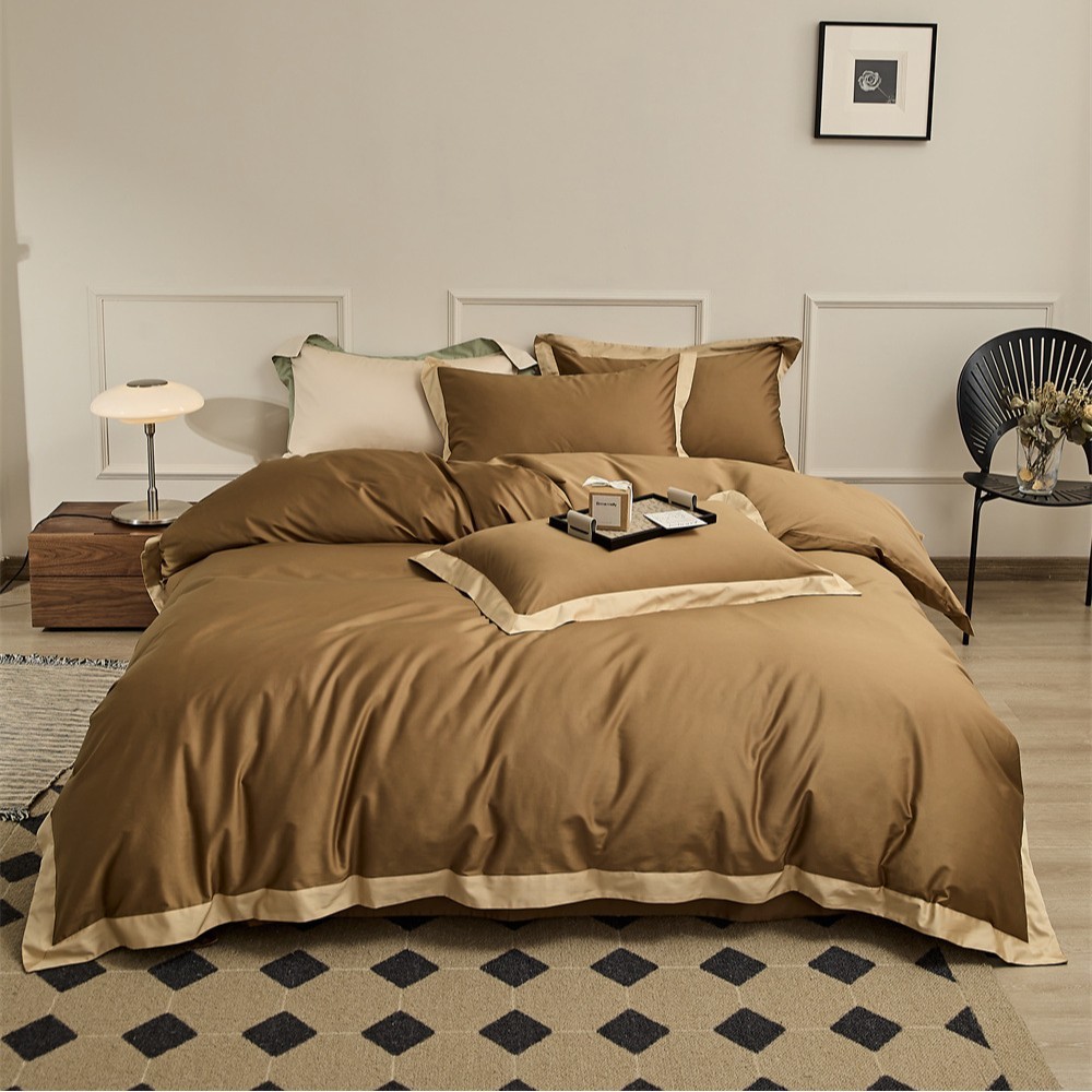 简约素色轻奢贡缎长绒棉四件套高支密宽边撞色被套气质床品